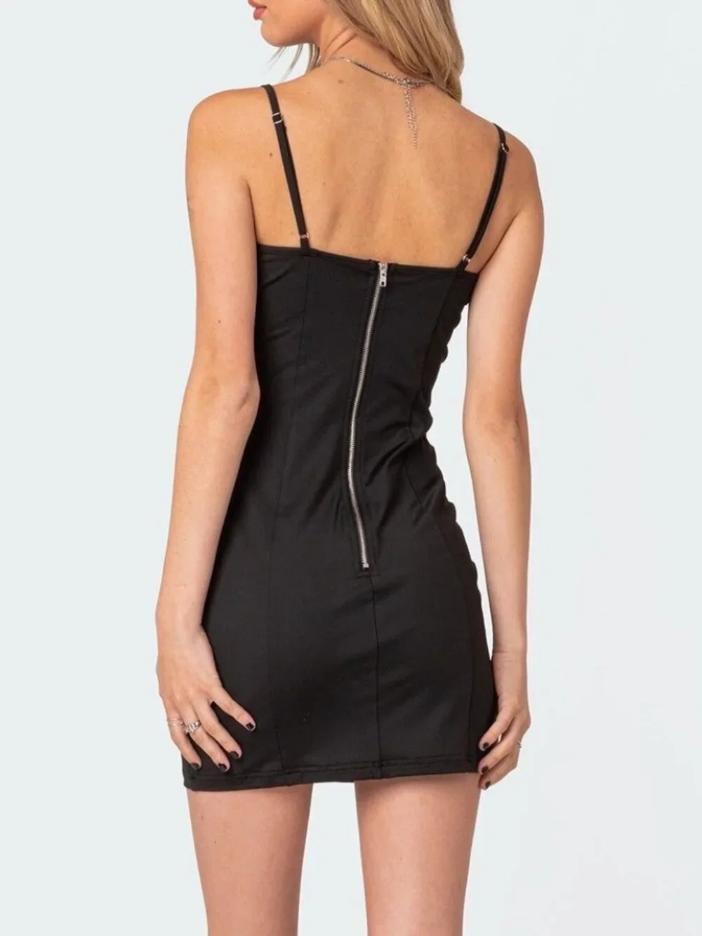 Black Bow Bodycon Mini Dress Spaghetti Strap Cute M - Picture 2 of 6
